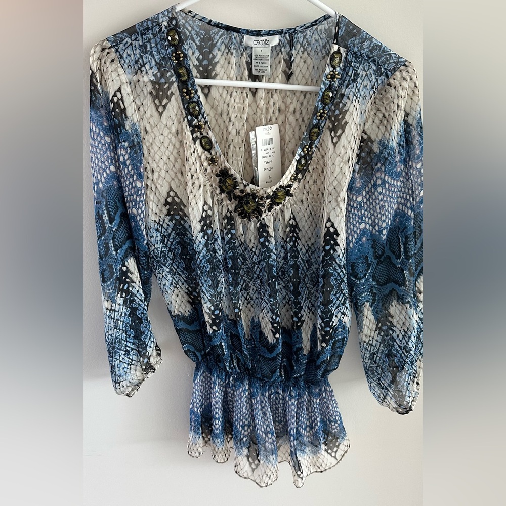 Cache Blue and White Patterned Blouse